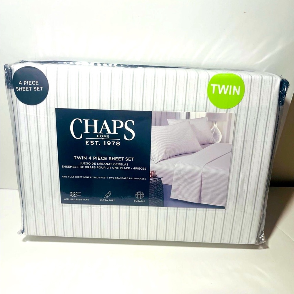 Chaps Twin Size 4 Piece Sheet Set Gray and White Pinstripes